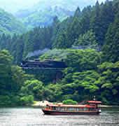 川面を走る遊覧船とその奥の山の木々の間を走る列車の風景写真