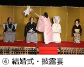 金屏風のまえに白無垢姿の花嫁と花婿、その脇に和装の男女が座り神主さんかお祝いをしている結婚式の写真